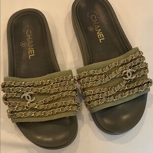 CHANEL Khaki Slide Sandals with Gold Chain